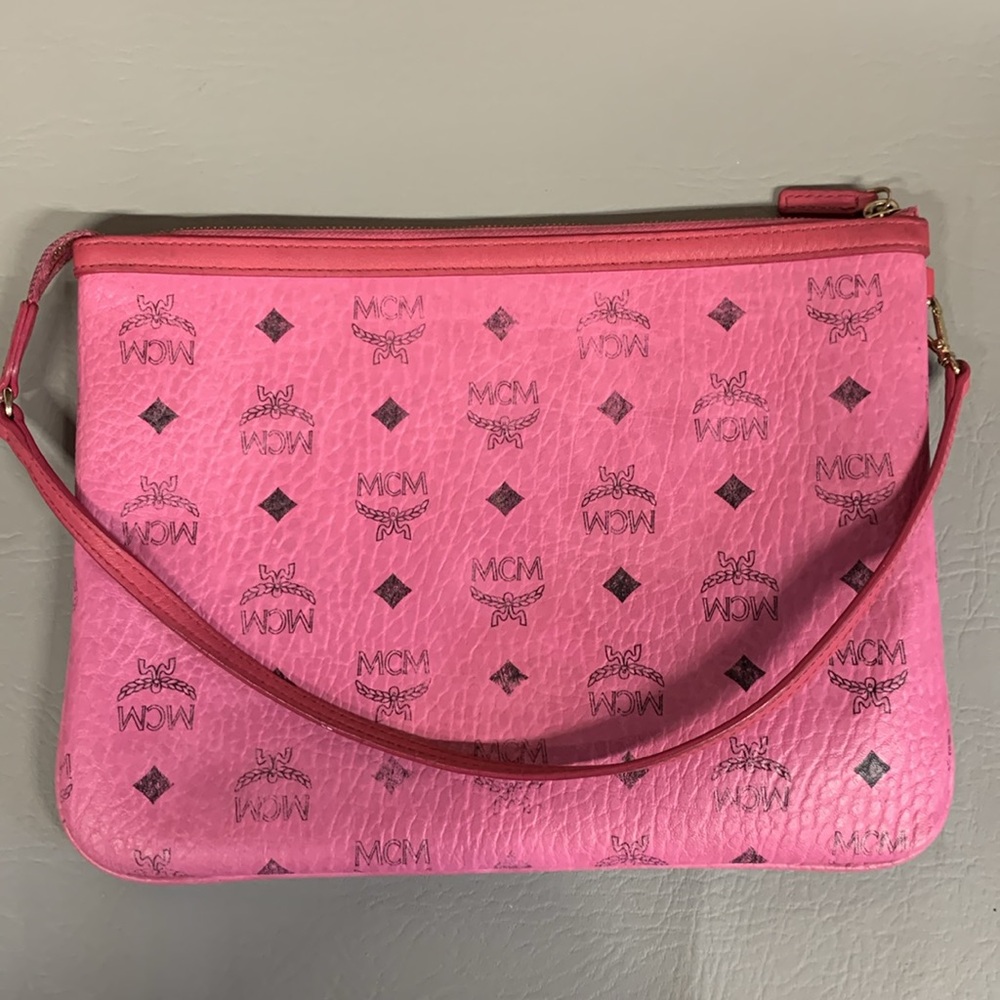 MCM Dark Pink Leather Visetos Large Pouchette Shoulder Bag Wristlet - Picture 10 of 12